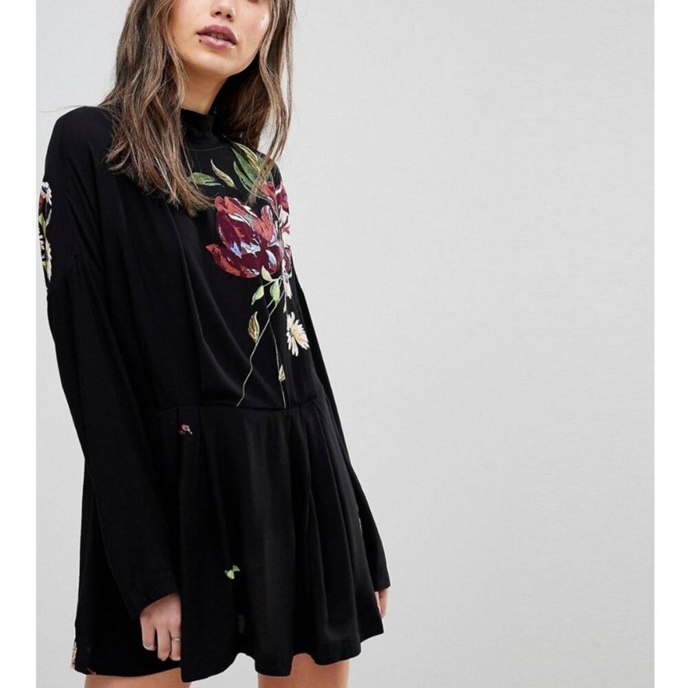 Free People Black Floral Long Sleeve Mini Dress Mock Neck Tie Front Size XS NWT